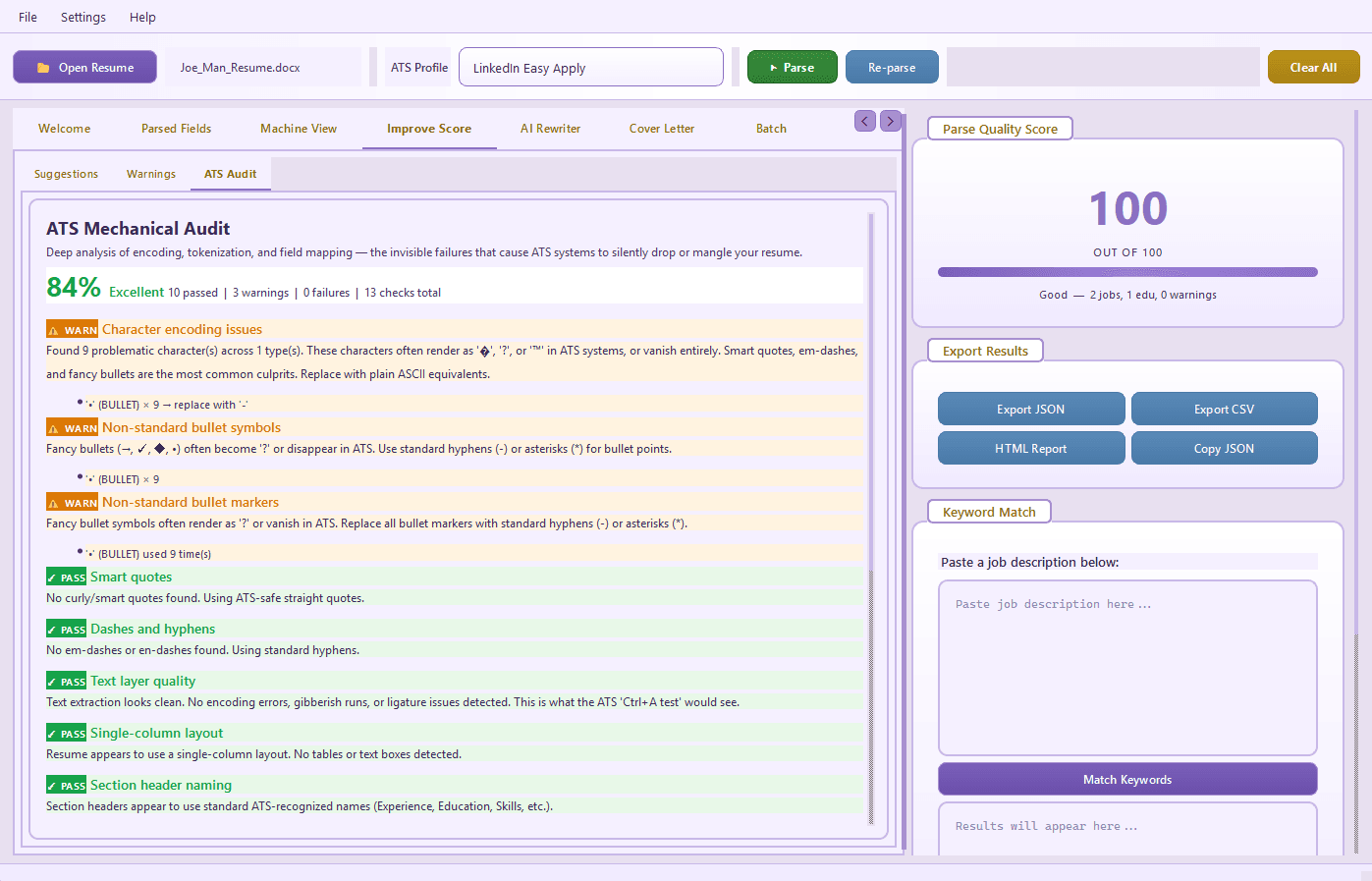 ParseCraft lite mode showing ATS mechanical audit with warnings and passes