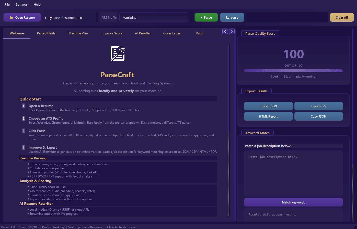 ParseCraft desktop app showing parsed resume fields and quality score